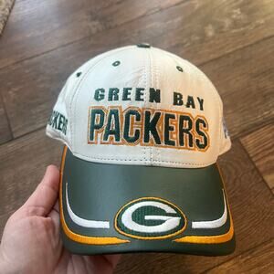 Vintage Green Bay Packers Reebok White Green Leather Baseball Hat Snap Back OS